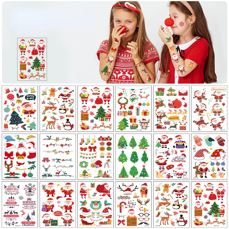 Pegatinas de tatuaje temporal de Navidad para niños, pegatinas de cara falsa impermeables con ambiente de fiesta de vacaciones de dibujos animados, pegatinas de tatuaje de alce
