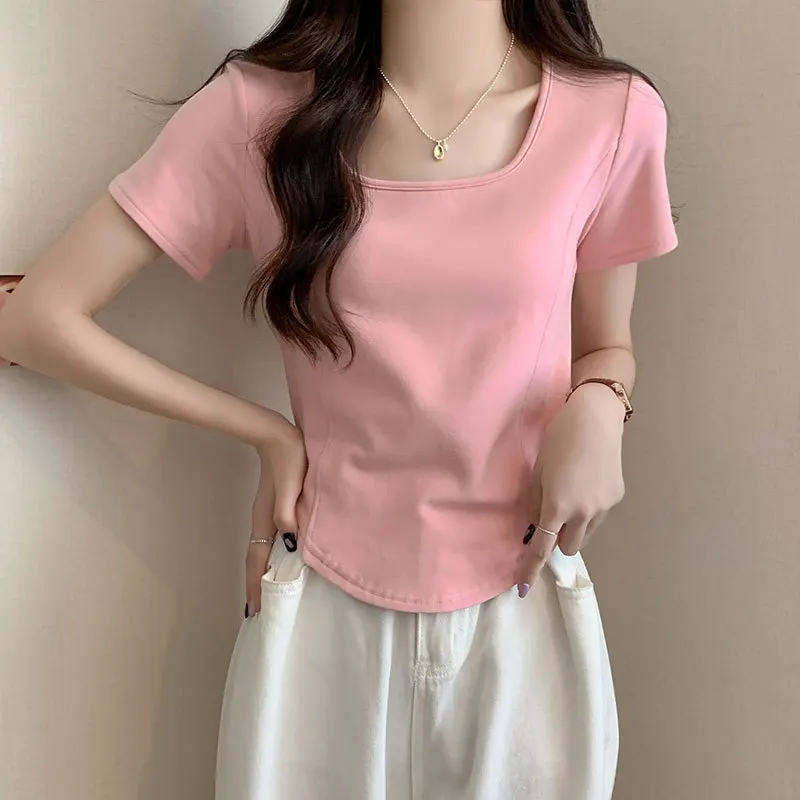 

2025 Front Shoulder Square Collar Short-sleeved Women's Solid Color Summer New Top Fashion Age-reducing Fish Bone Short Shirt