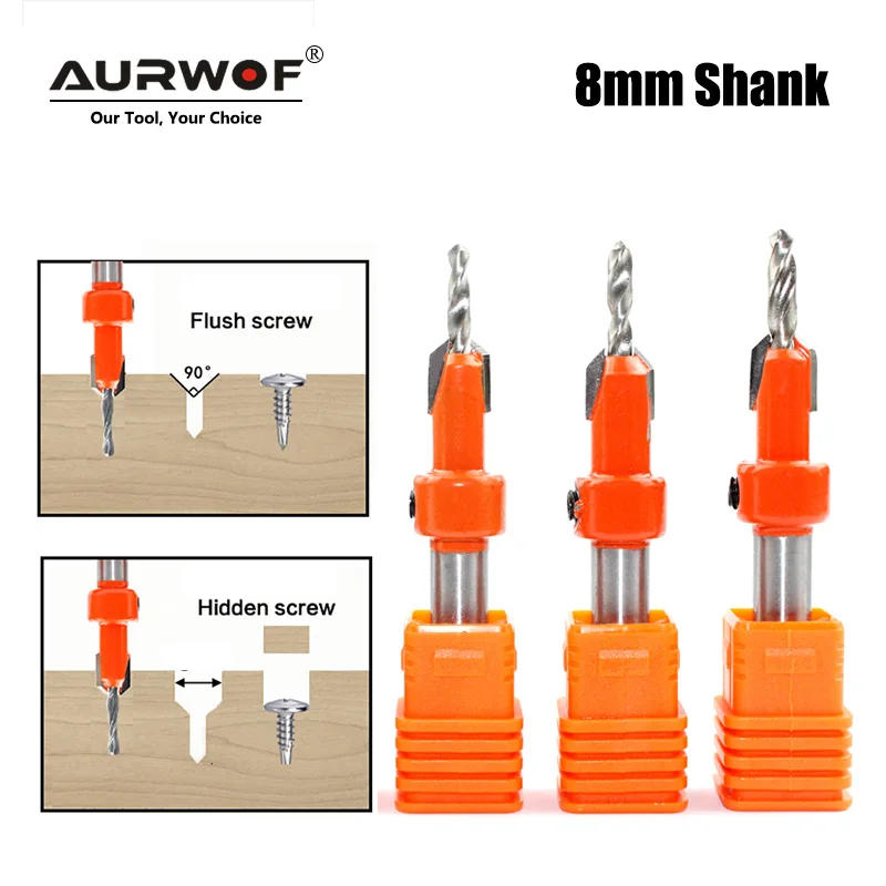 AURWOF Woodworking Countersink Drill Bit 8mm Shank, 90 Degree Chamfer, Adjustable 5-40mm Depth Tapered Pilot Hole Cutter
