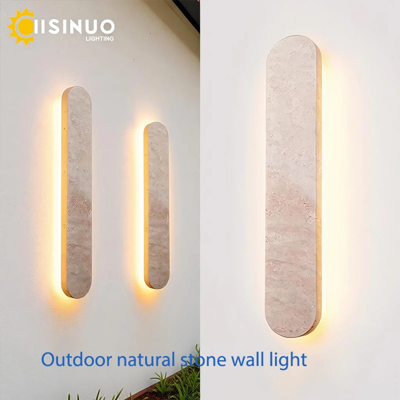 Wabi-sabi Style Yellow Travertine Natural Stone Wall Lights Waterproof LED Long Linear Lamp Outdood Villa Fence Gates Courtyards