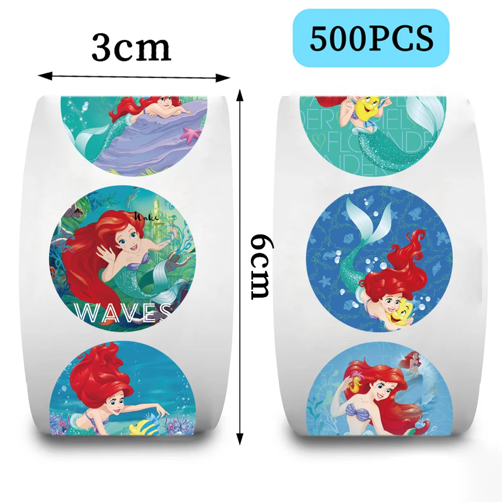 Disney-Sereia Dos Desenhos Animados Adesivos, Fita De Papel, Selagem De Etiquetas, Artigos De Papelaria, Bagagem, Mala, Brinquedos Para Crianças, Etiqueta, 500Pcs por Rolo