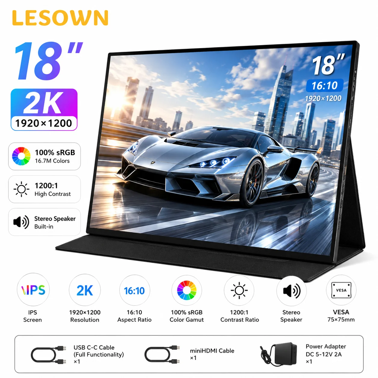 LESOWN 18" 2K Travel Screen Portable Display Plug and Play External Monitor for Switch