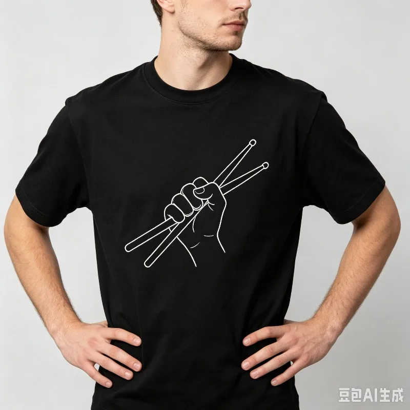 Hand Holding Drum Sticks Graphic T-Shirt Men’s Minimal Line Print Soft Modal Crewneck Tee Casual Top for Drummer Music Wear