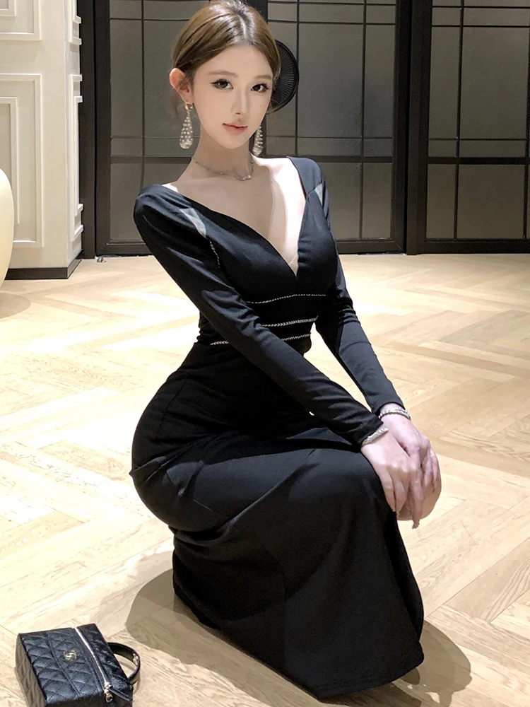Black Patchwork Hollow Out Sexy V-Neck Dress for Women 2025 Korean Vintage Luxury Dress Autumn Winter Elegant Bodycon Prom Dress