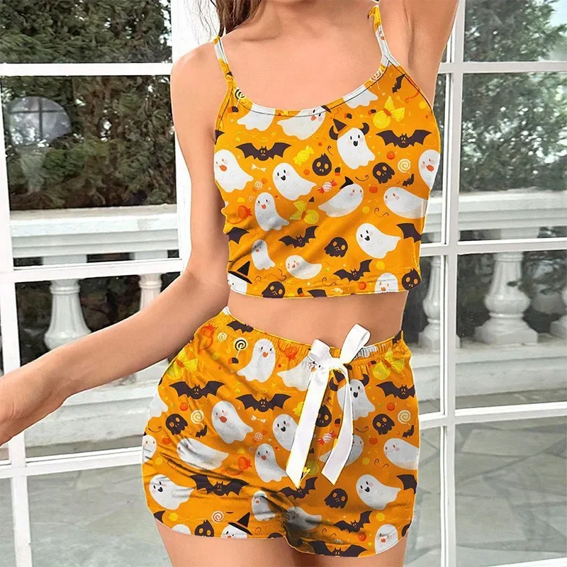 

2025 New Halloween Pajama Set Printed Strap Shorts Women's Two Piece Home Pajama Set L
