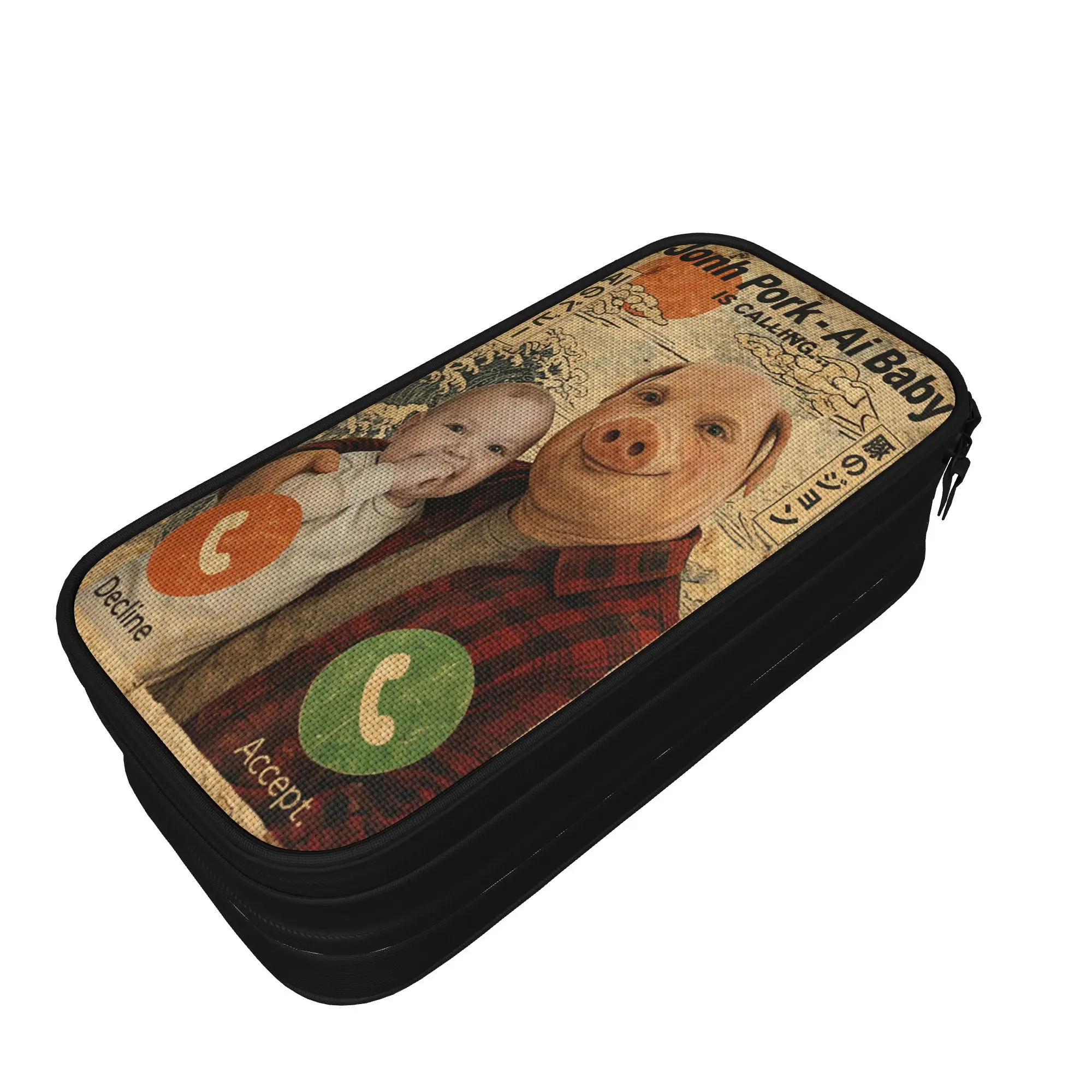 Meme John Pork AI Baby Funny Answer Call Phone Pencil Case Large Pen Box Student School Pencil Cases Design Stationery Organizer