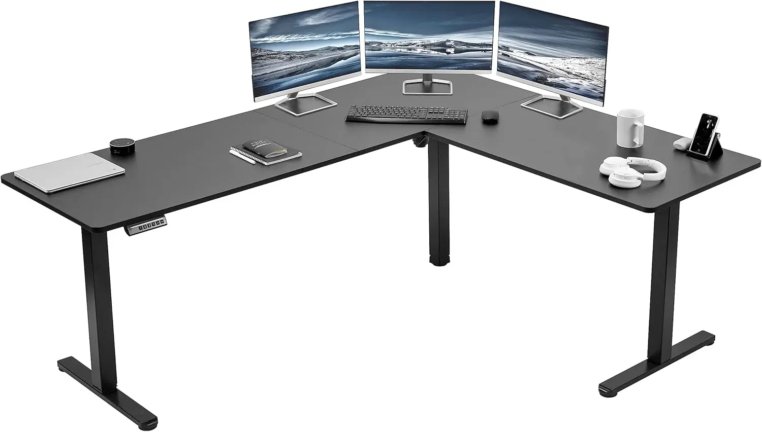 Electric L-shaped 75 x 63 inch standing desk with adjustable height, memory controller, black top and black frame