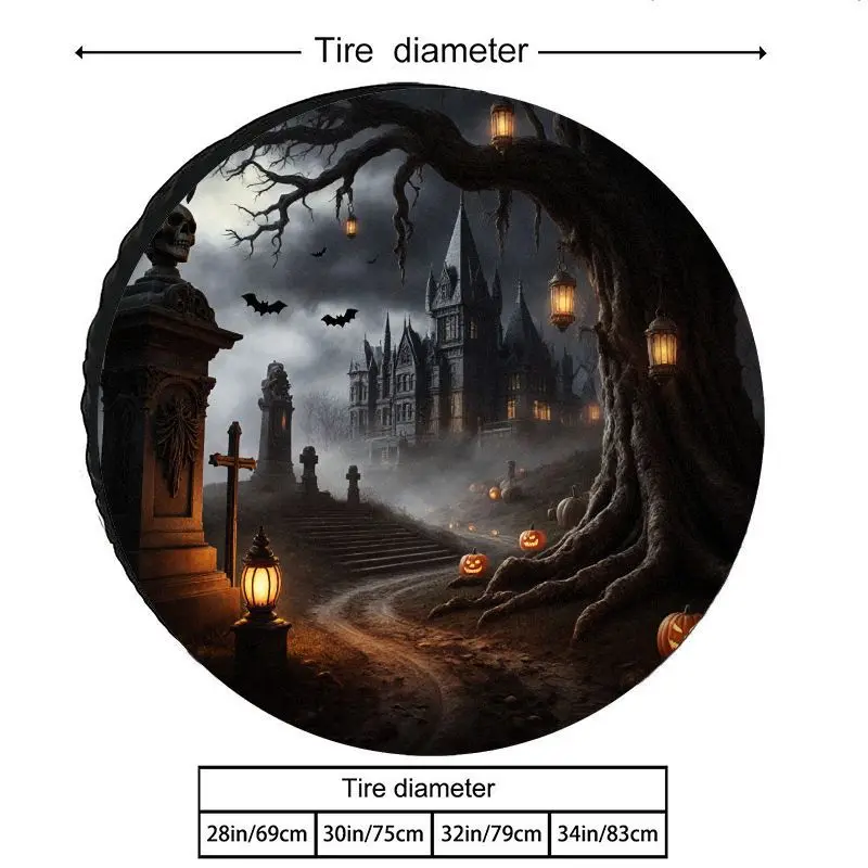 Halloween-Themed Tire Cover With A Spooky Design, Made Of Thickened Polyester For Sun Protection, Featuring Ghosts, Castles, Pum