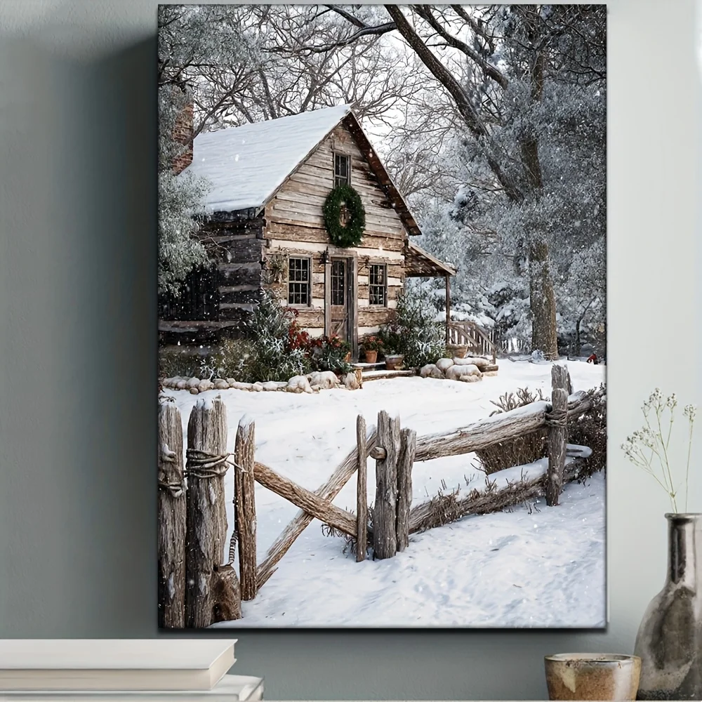 2D Flat, 2D Flat, 2D Flat 1pc, Framed, 30.48X40.64 cm [2D Flat] Canvas Print of a Snowy Log Cabin Adorned with a Wreath And F