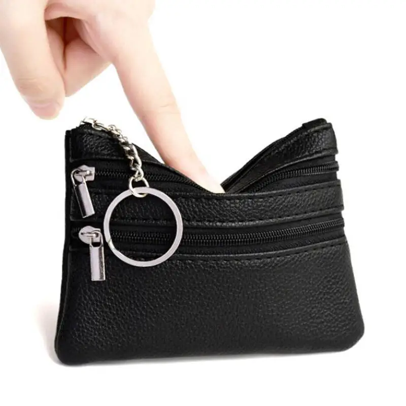 Mini Leather Wallet Pouch - Card Coin Key Holder Zippered Purse Gift Fashion Black Compact Organizer