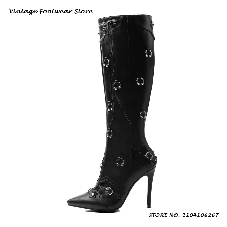 Piercing Fringe Knee-high Boots Solid Pointed Toe Thin Heels Plus Size Trendy Shoes Women's Punk Style Side Zipper Long Boots
