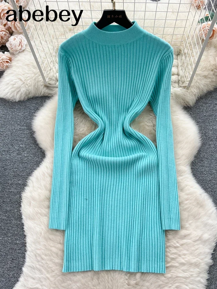 Frauen Herbst Strickkleid halben Kragen Hals sexy schlanke elastische Basic Bodycon Pullover Kleid Winter gestrickt warmes Mini kleid