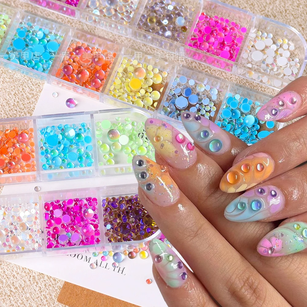 1box Macaron Bubble 3D Glass Crystal Nail Art Charms Mixed Size Sparkly Mermaid Nail Beads Colorful Flatback Manicure Ornaments