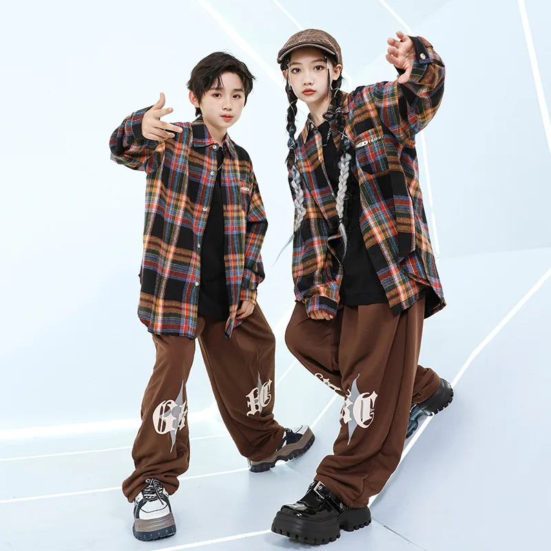 Children Hip Hop Checkered Shirt Coffee Printed Pants Elastic Waist Loose and Comfortable Street Dance Stage Performance Se