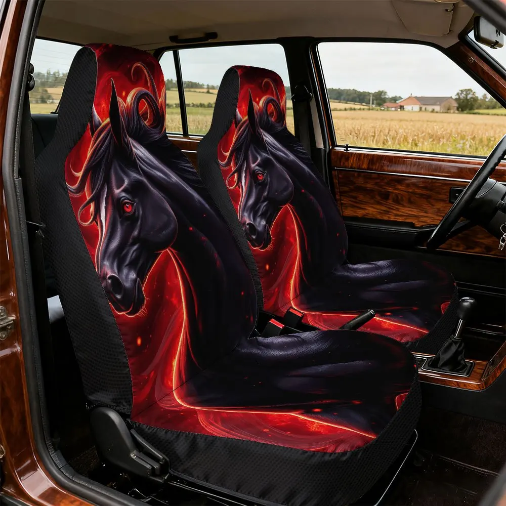 2D Flat Printing, 2pcs Fiery Black Stallion Print Front Seat Covers, Durable And Easy To Install, Universal Fit For Driver And P
