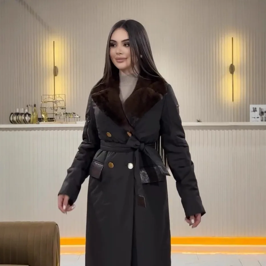 Cappotto con cappuccio invernale 2024 in cotone lungo da donna con collo in pelliccia di Jaet, cintura stretta, casual, in tessuto romano