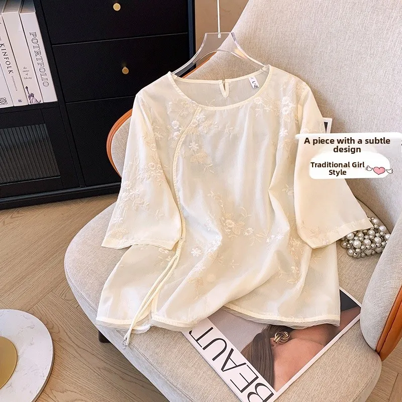 

Ele round Ne Embroidered irt Женская супер фея T Китайский топ на пуговицах Художественная чайная одежда Традиционная одежда...