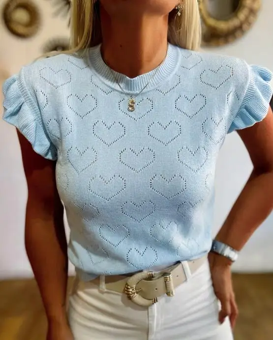 Top Women 2026 Spring Summer New Solid Color Allover Hollow-Out Heart Pattern Round Neck Ruffles Short Sleeve Casual Knit Top
