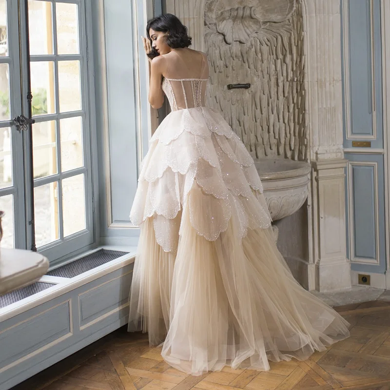 شارون سعيد فاخر دبي الشمبانيا ارتفاع منخفض فستان سهرة متدرج قصير الجبهة طويل الظهر العربية حفلة موسيقية رداء حفلات SS249 مخصص