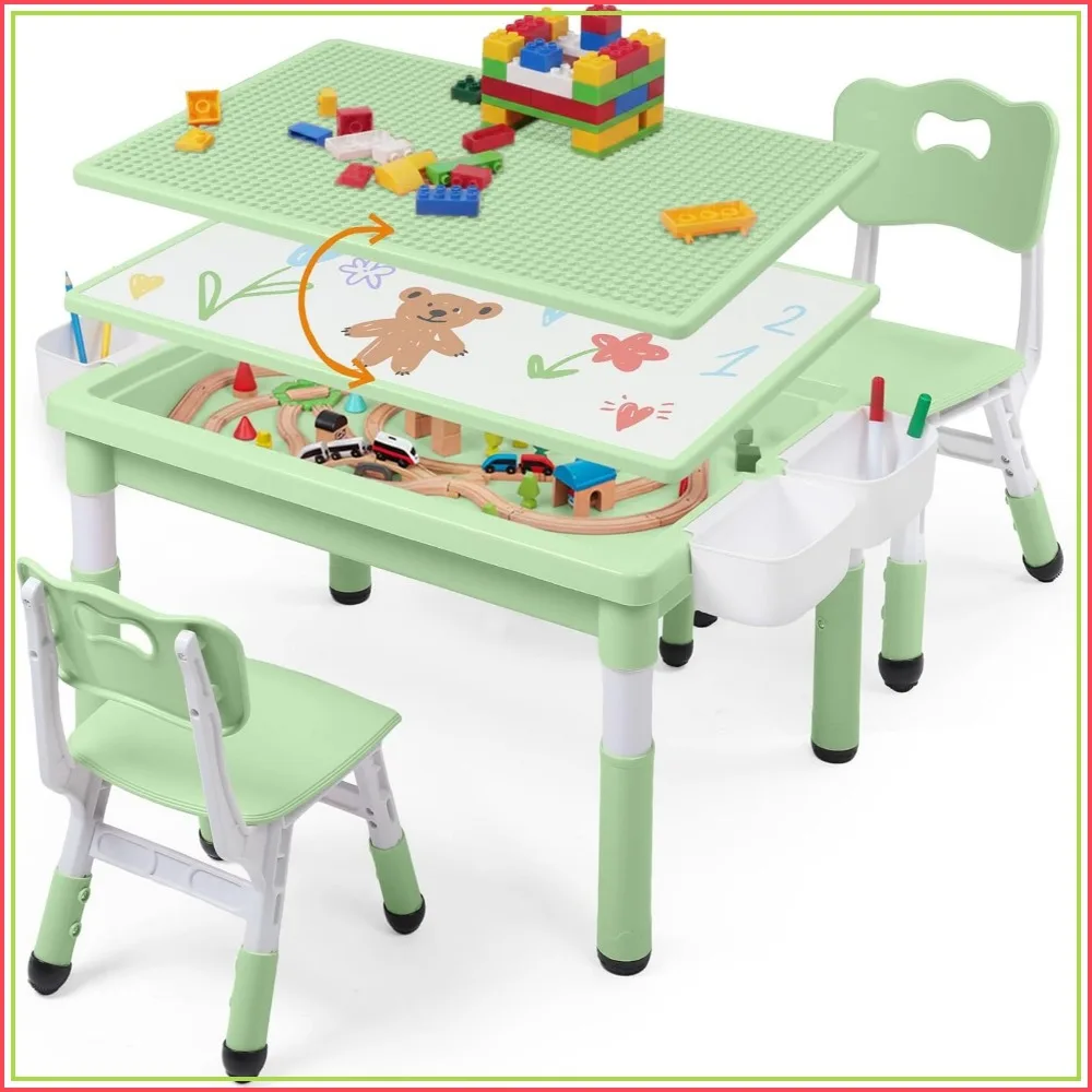 Kids Table and Chairs Set with Large Storage, Height Adjustable