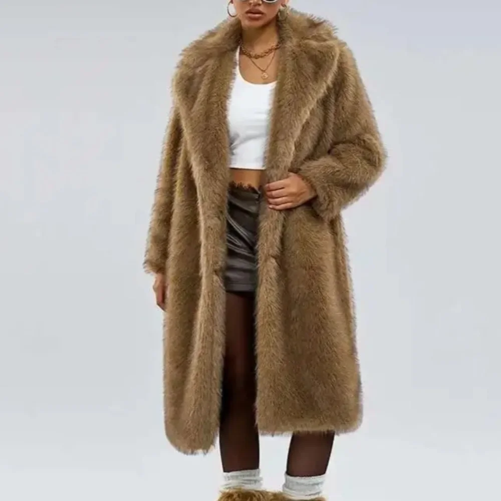 เสื้อแจ็คเก็ตขนเฟอร์เทียมยาวทรงยุโรป ปกเสื้อแบบปกเชิ้ต ติดกระดุมทั้งตัว เป็นมิตรกับสิ่งแวดล้อม เสื้อโค้ทผู้หญิงสำหรับฤดูหนาว เสื้อโค้ทขนเฟอร์เทียม