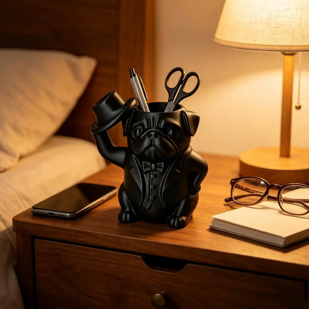 Desktop Decoration for Students Makeup Brush Holder Cup 3d Printed Gentleman Bulldog Pen Holder Desktop for Makeup for Home