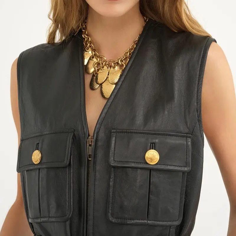 Streetwear Women Vest Sheepskin Coat Moto Biker Sleeveless Leather Jacket V-Neck With Pockets Vest Female Casual Waistcoat