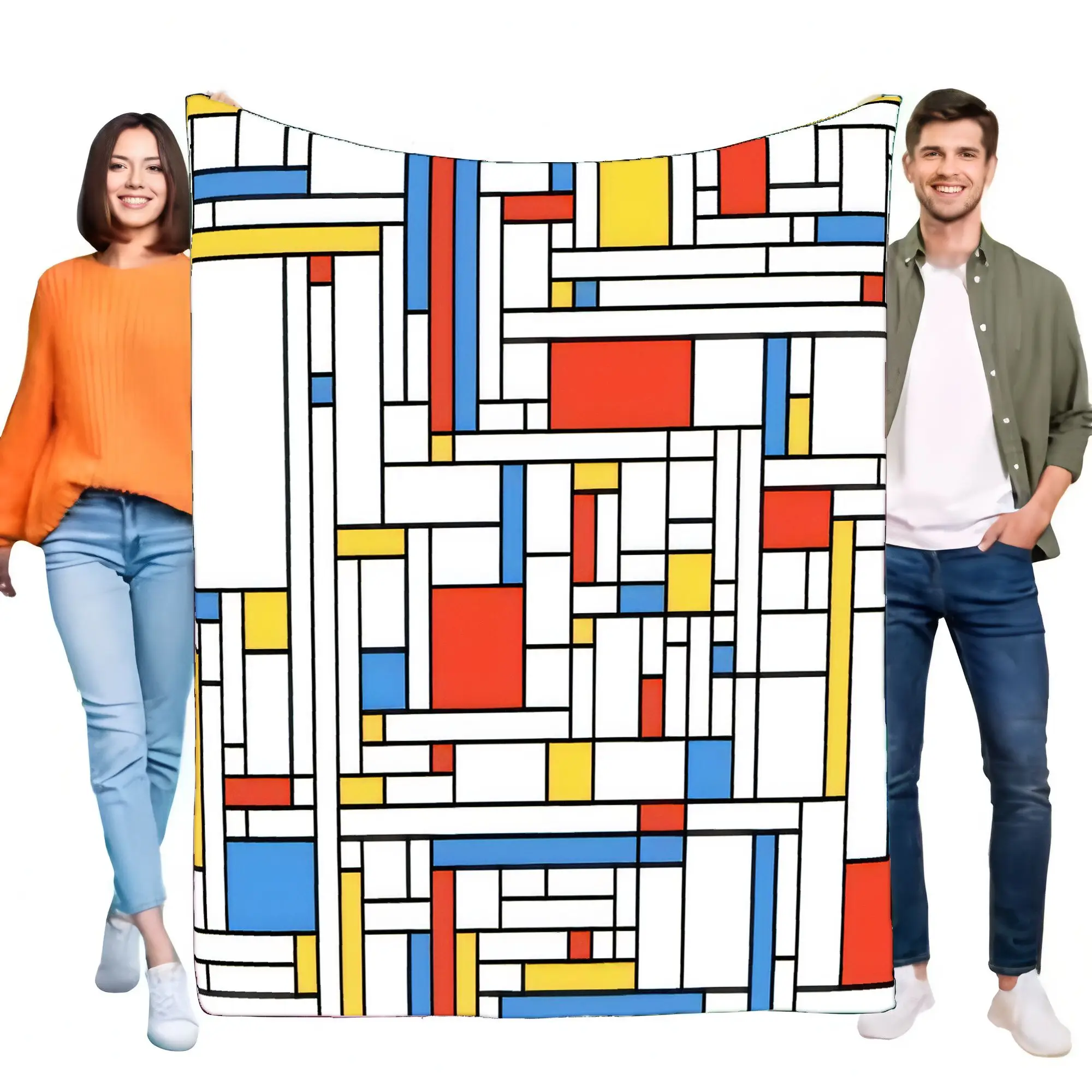 Mondrian Style Geometric Art Blanket, Super Soft Fleece Throw for Sofa Bed, Modern Abstract Primary Color Home Decor Gift