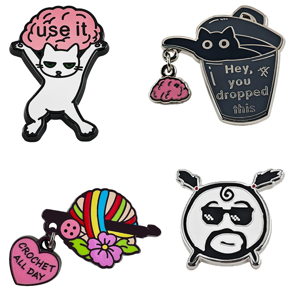 Funny Cat Enamel Pins Mental Health Brain Lapel Badges Cute Animals Brooches for Backpacks Clothes Cartoon Jewelry Gift Wholesal