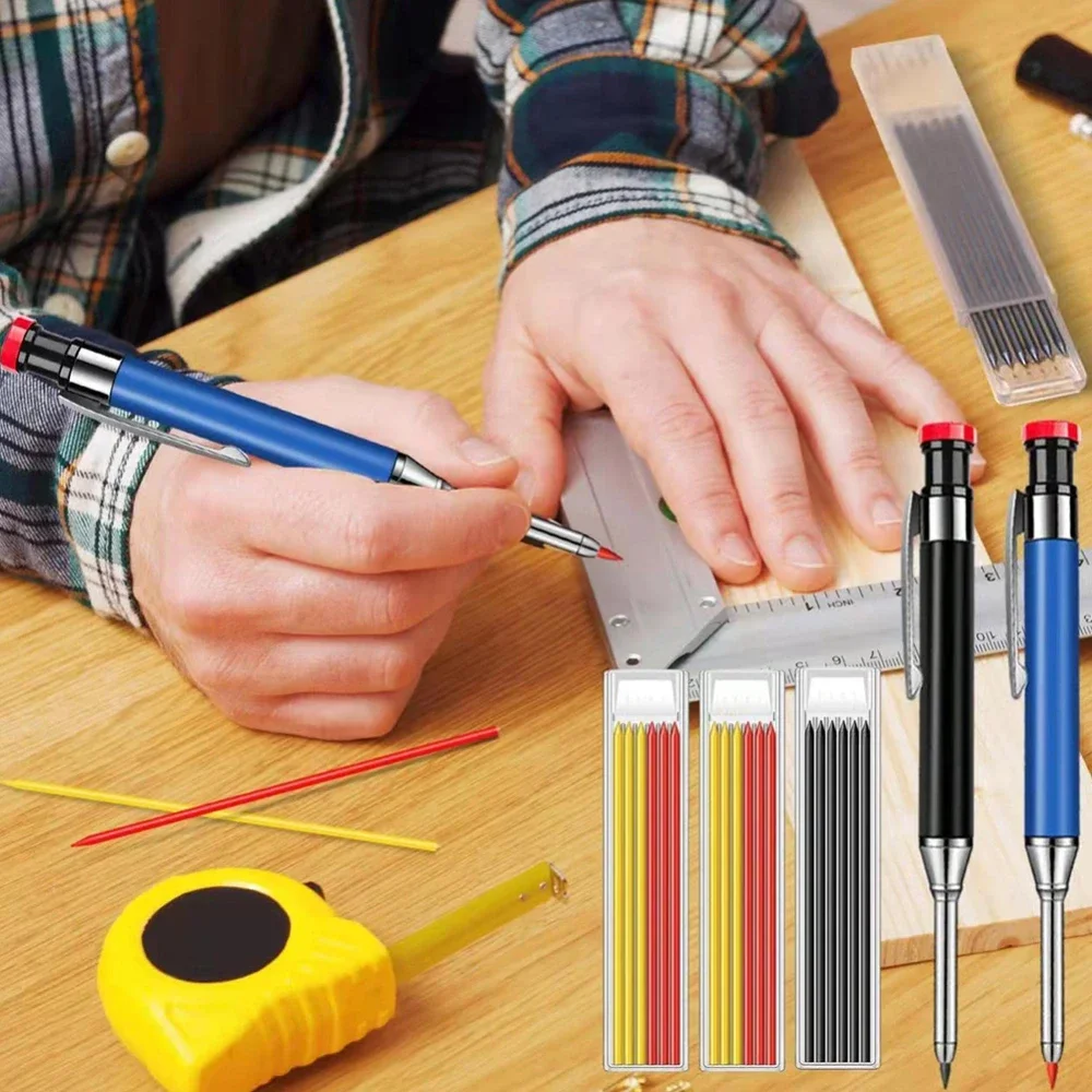 Metal Solid Carpenter Pencil Set For Deep Hole Marker With Refill Leads Marking Tool Woodworking Deep Hole Mechanical Pencils