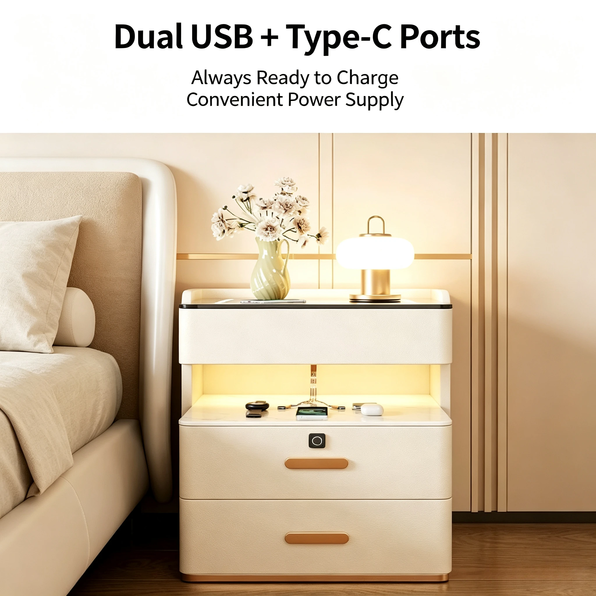 45x40x58cm Smart Bedside Table Modern Simple Light Luxury Household Bedroom Storage Multifunctional Solid Wood Bedside Table