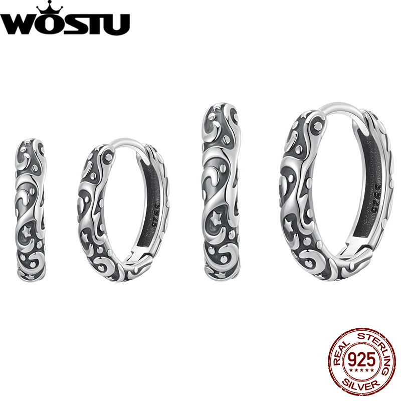 WOSTU 925 Sterling Silver Retro Pattern Hoop Earrings Oxidized Ear Buckles Original for Women Daily Party Jewelry Birthday Gift