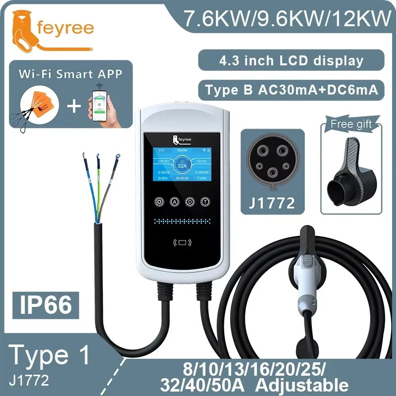 feyree EVSE Wallbox 32A 40A 50A 1Phase EV Charger Type1 Smart APP Control Wall-mounted Charging Station for Electric Vehicle Car