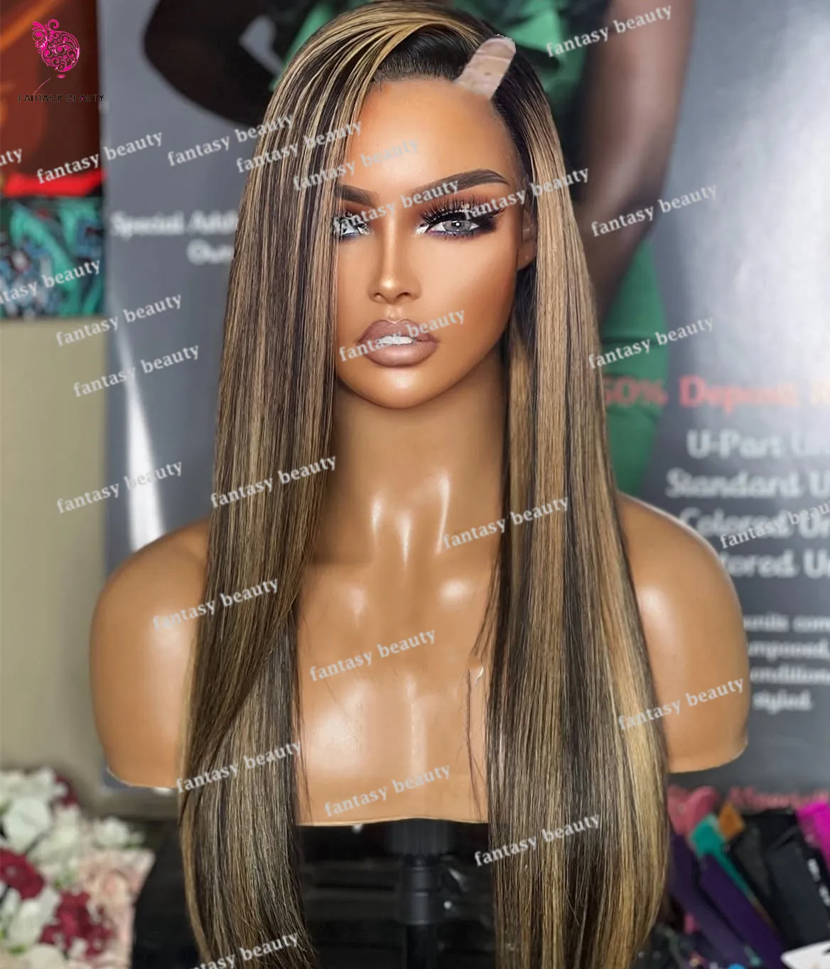 Highlights Honey Blonde V Part Silky Straight Human Hair wig 100% Human Hair Bone Straight U Shape Black Density 250% Full End