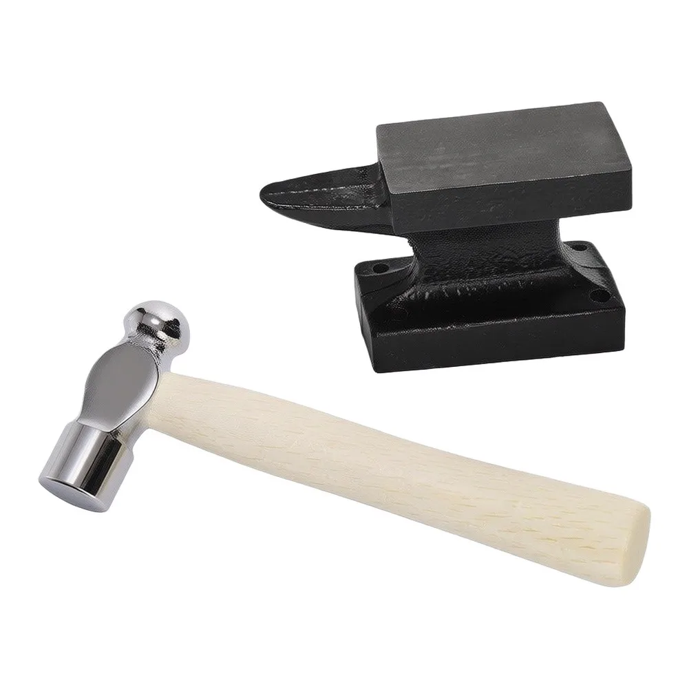 1set Compact Cast Iron For Anvil Wooden Hammer Set Dual-Sided For Anvil Ball Peen Hammer For Jewelry Crafting & DIY
