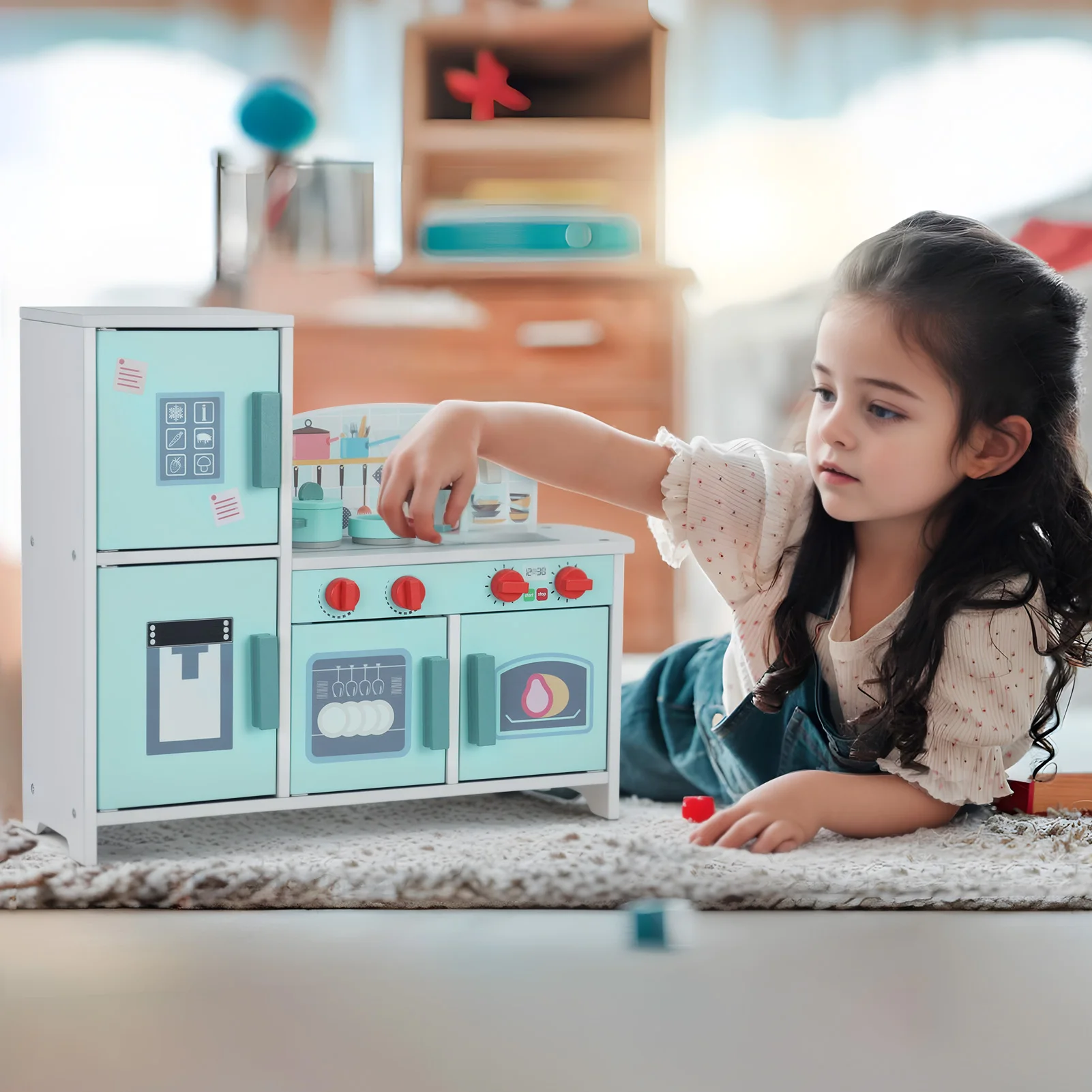 

Wooden Kitchen Play Set with Rich Accessories, Sturdy Construction Children Simulated Fridge Toy, Enhances Hand-eye Coordination