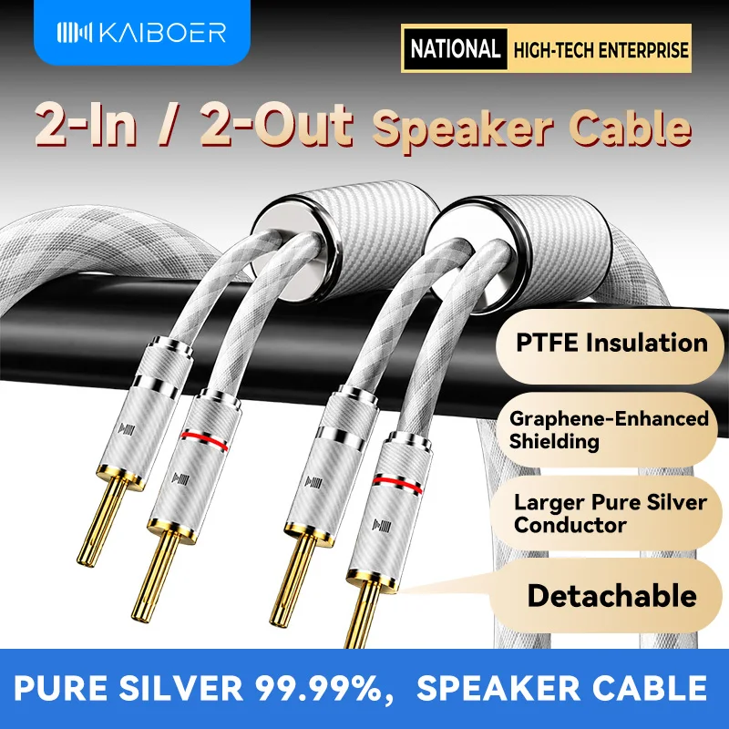 Kaiboer Pure Silver Speaker Cable Audiophile Grade Banana/U Plug 2In-2Out Shielded Audio Cable for HiFi Speaker Amplifier Tube