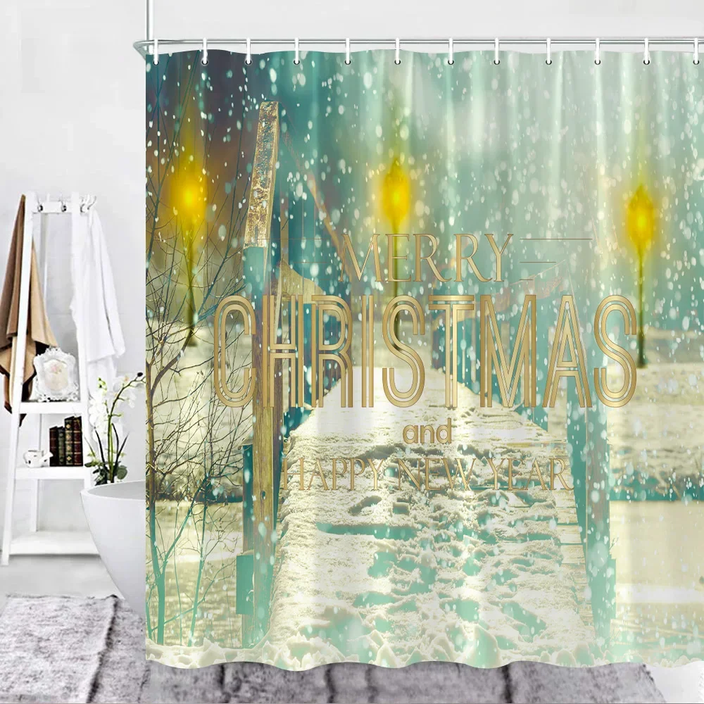 Christmas Shower Curtain Set A snowy Night Bridge Street Light City Scenery Decor Fabric Bath Curtain Bathroom Accessories Sets