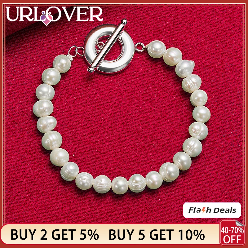 

URLOVER 925 Sterling Silver Natural White Pearl Chain Bracelet For Women Party Engagement Wedding Fashion Charm Jewelry Gift