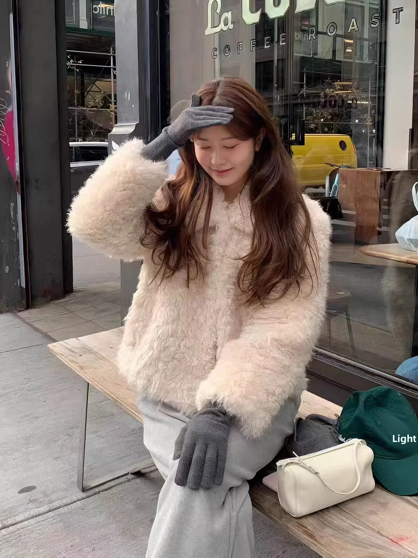 

Ounce Fur And Leather Jaet Women's Soft Beige Sweet New Winter Coat Polyester Fabric Long Sve Button Closure Straight Hem