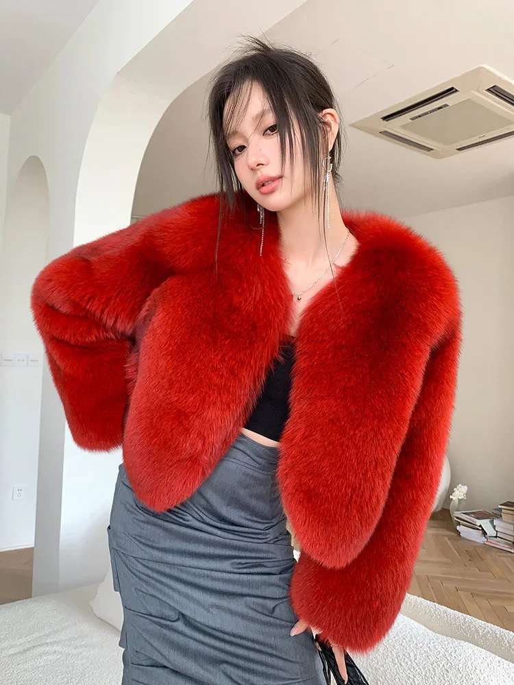 

Natural Fluffy Fox Fur Coat Women Fashion High Waist Cropped Warm Real Sheepskin Winter Jacket Streetwear abrigos