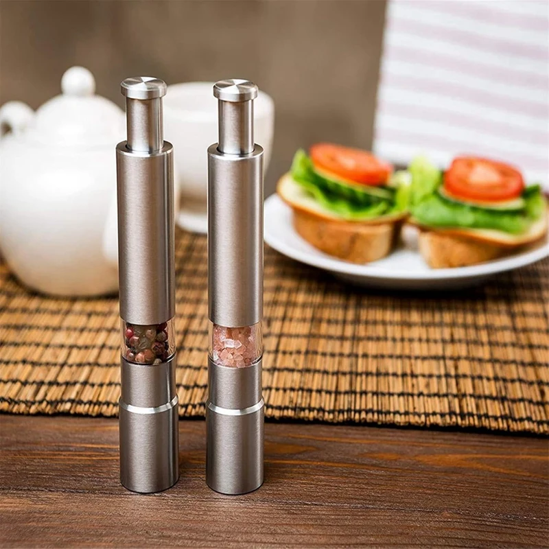 2PCS Manual Salt And Pepper Grinder Set Stainless Steel Push Button Grinder Thumb Grinder For Black Pepper Sea Salt