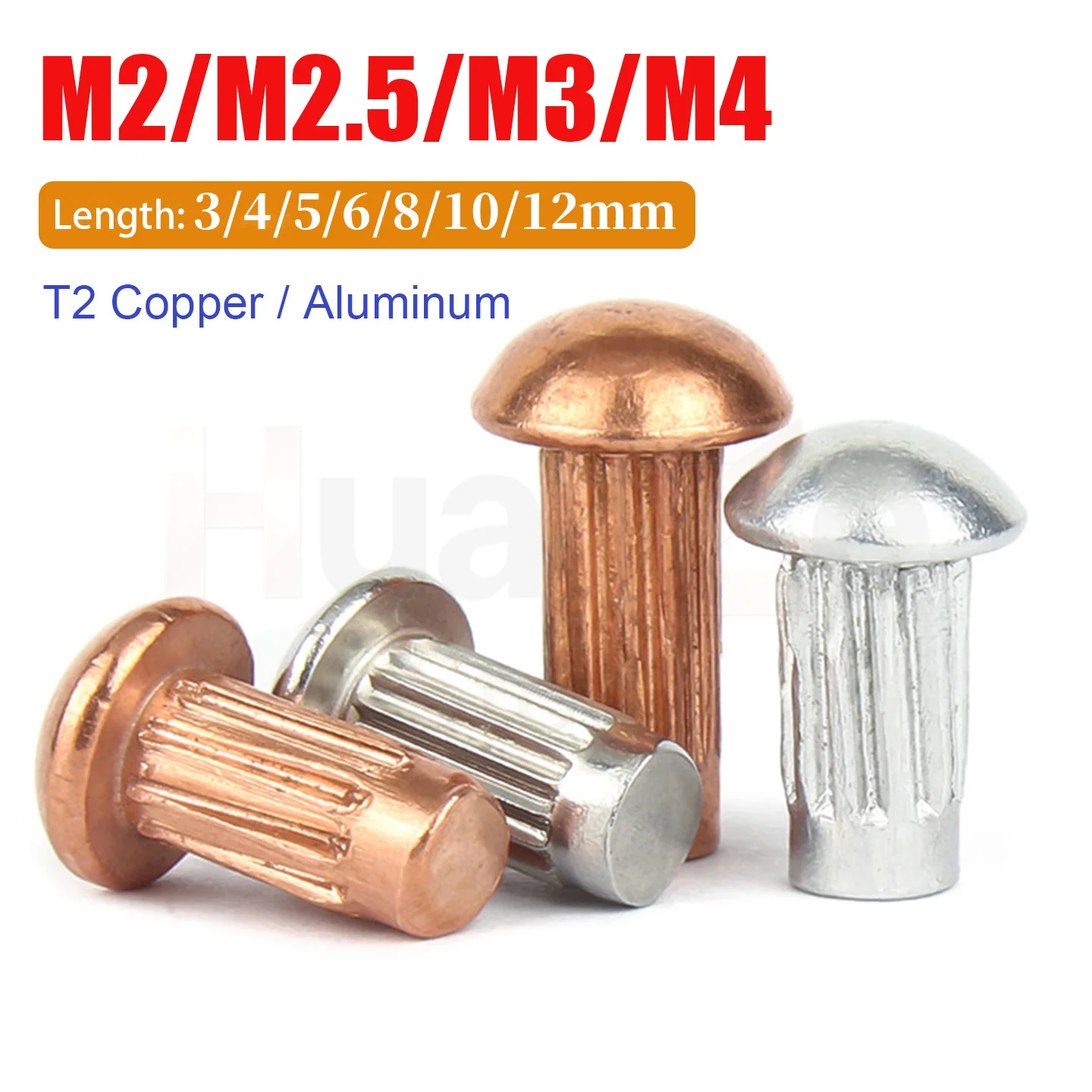 100-1000pcs M2 M2.5 M3 M4 Aluminum/T2 Pure Copper Button Round Head Knurled Shank Solid Rivet for Label Name Plate Diameter 2mm
