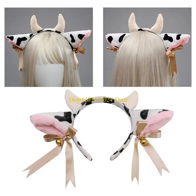 

N5KE Plush Hair Band Cow Ears Cosplay Headband Animal Ox Horns Bowknot Headdress