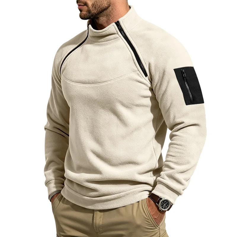 Herren Herbst-Winter-Sweatshirt aus dickem Fleece, Stehkragen, Doppelreißverschluss, lockere, warme Outdoor-Wanderjacke für den Alltag. – Detail 18