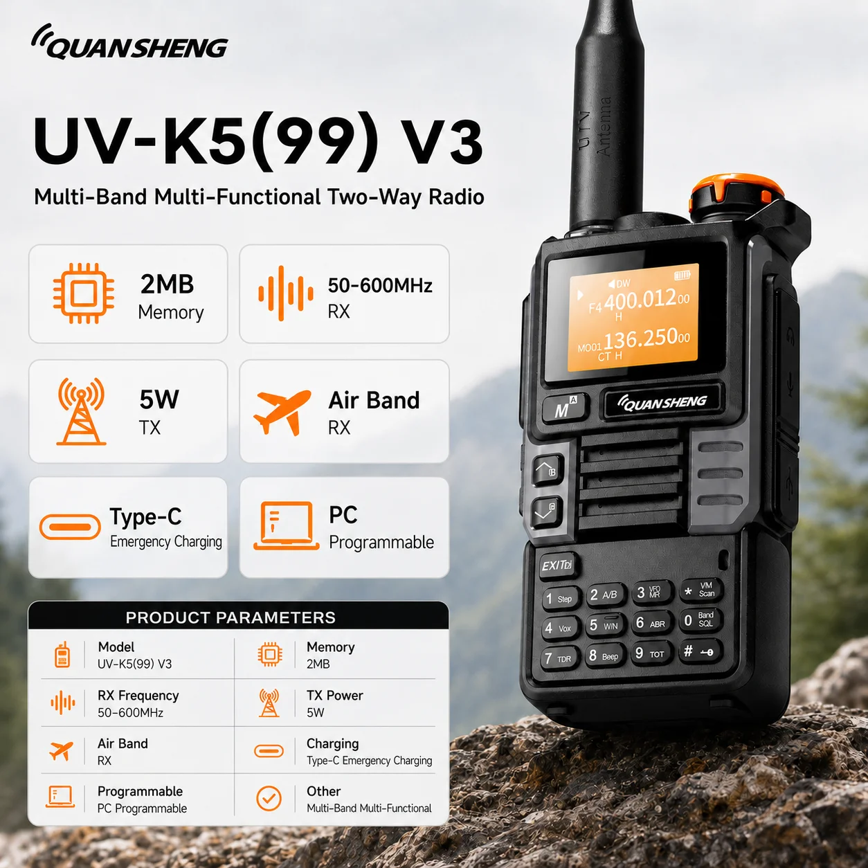 QUANSHENG UV-K5(99) V3 Walkie Talkie 2MB 50-600MHz RX Air Band AM Receive 5W Two Way Radio PC Programmable