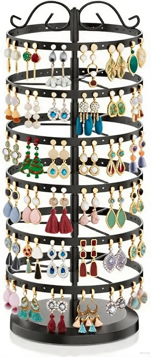

Black Rotating Earring Organizer with 264 Holes, Adjustable Metal Stand and Tray for Hoop & Dangle Earrings
