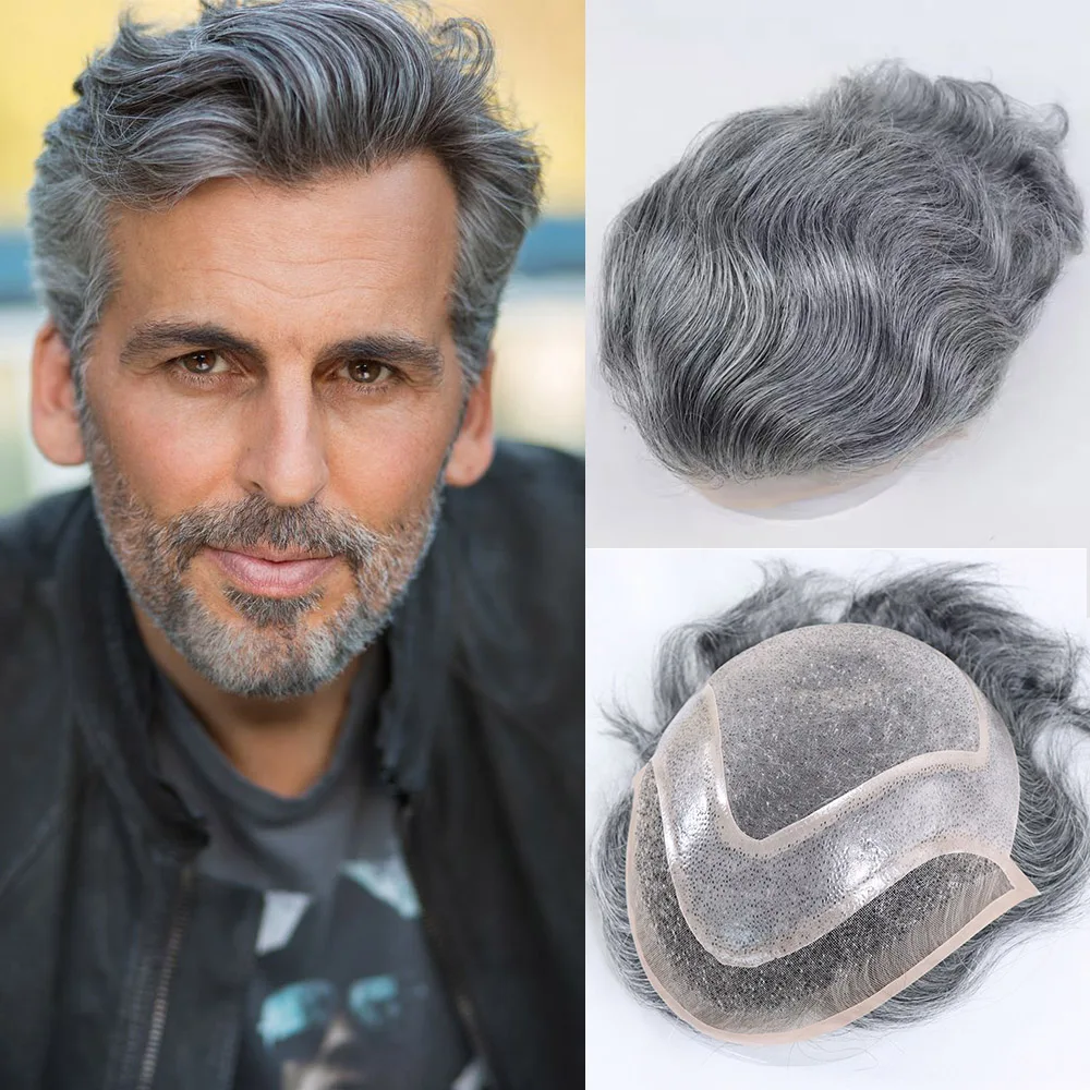 Gray Men Human Hair Toupee Mono Lace Top Hair System for Man Breathable Lace Front Male Wig Unit Natural Hair Piece 1B60