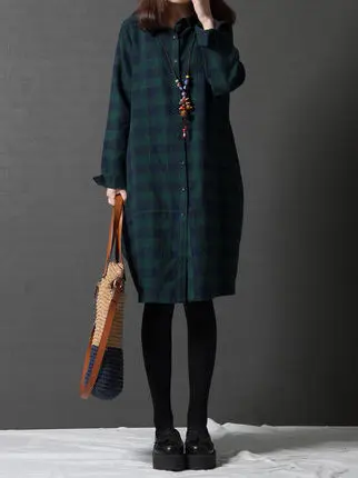 

Faionable Large Size Plaid irt Artistic Pure Cotton Midi Long Sve irt Dr Casual Loose Fit Autumn New Sle Women'...