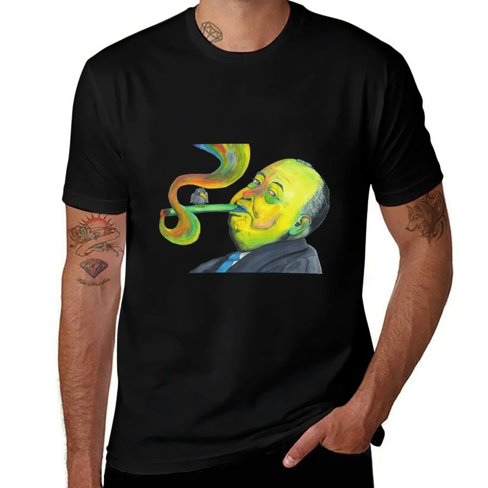 

Alfred Hitchcock smoking weed with bad bird T-Shirt cotton graphic tees anime tshirt hippie clothes t shirt men 100℅ cotton
